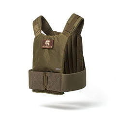The Achilles Vest is a premium men's olive green vest with thick straps, adjustable waistband, and a signature "Achilles" patch. Made from non-toxic materials for safety, this rugged vest is perfect for high-performance wear; shown on white background.