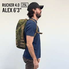 A person stands sideways, wearing a cap and blue shirt, with a GORUCK Rucker 4.0 camo 25L rucksack.