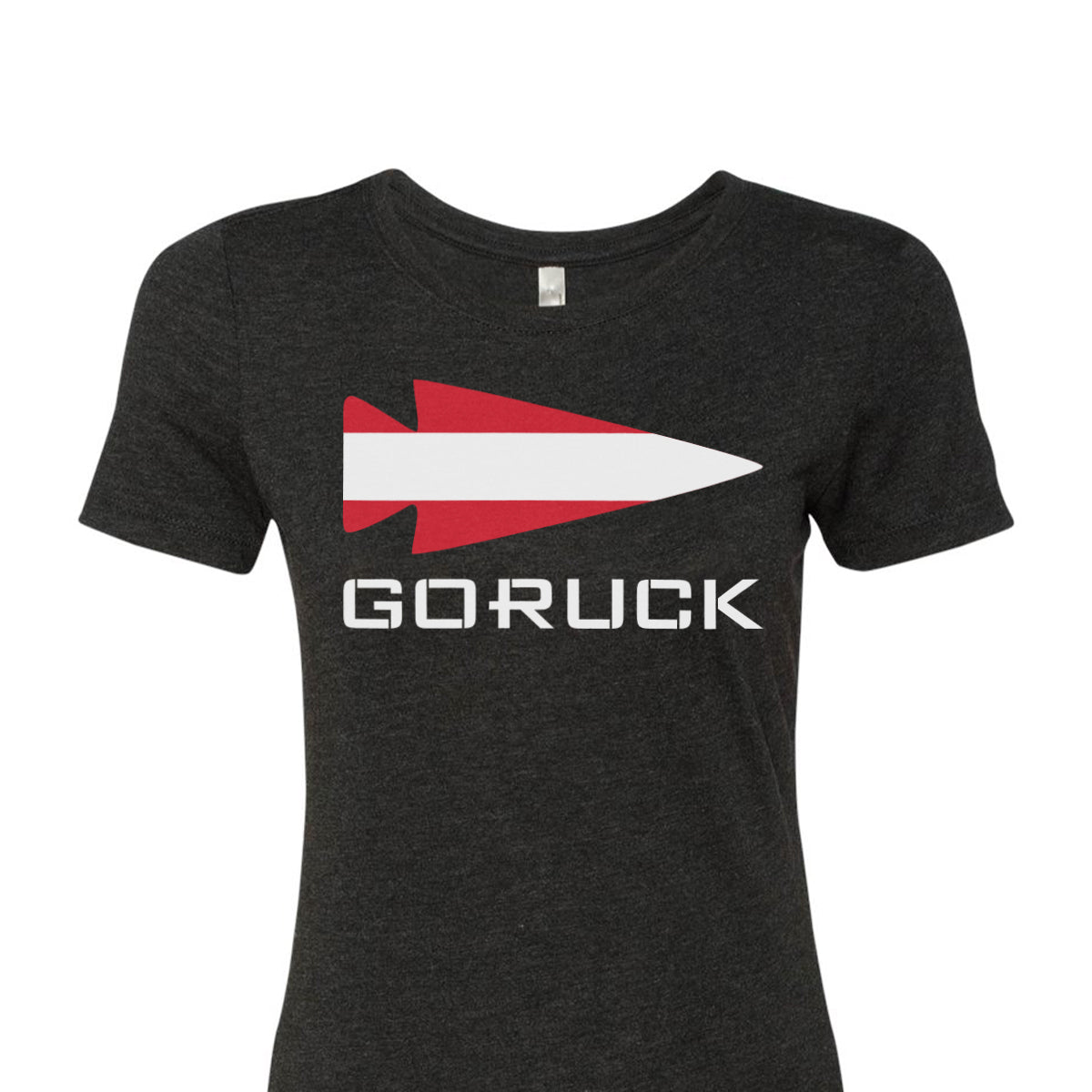 Introducing the Women's T-shirt - Rep Your Country by GORUCK EU, a classic black tee highlighted with a striking red and white arrowhead design and 