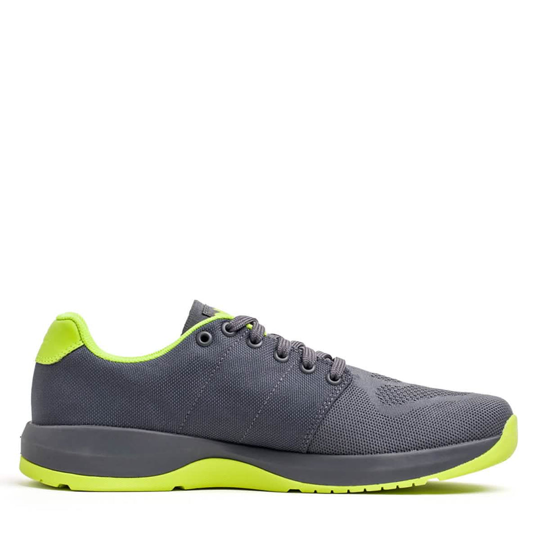 GORUCK Ballistic Trainers in Wolf Grey + Acid Lime W / Acid Lime Reflective Spearhead feature 3X Support™ and neon green accents—seen side-on against a white background, these sneakers are ideal for functional fitness workouts.