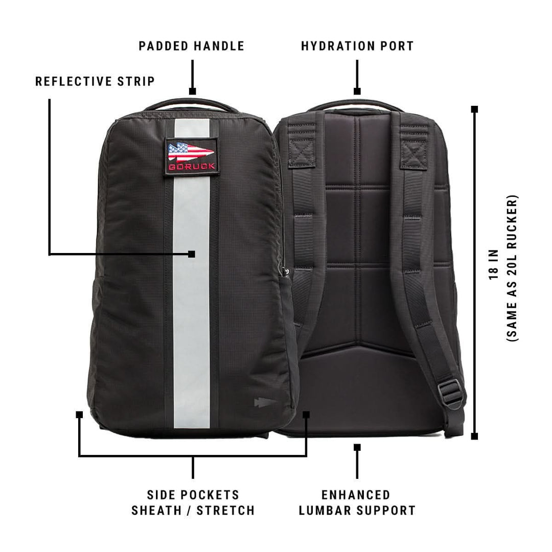 Two black Basic Rucker® backpacks, shown from front and back, feature a reflective strip and padded handle—perfect as rucking or weighted workout backpacks.