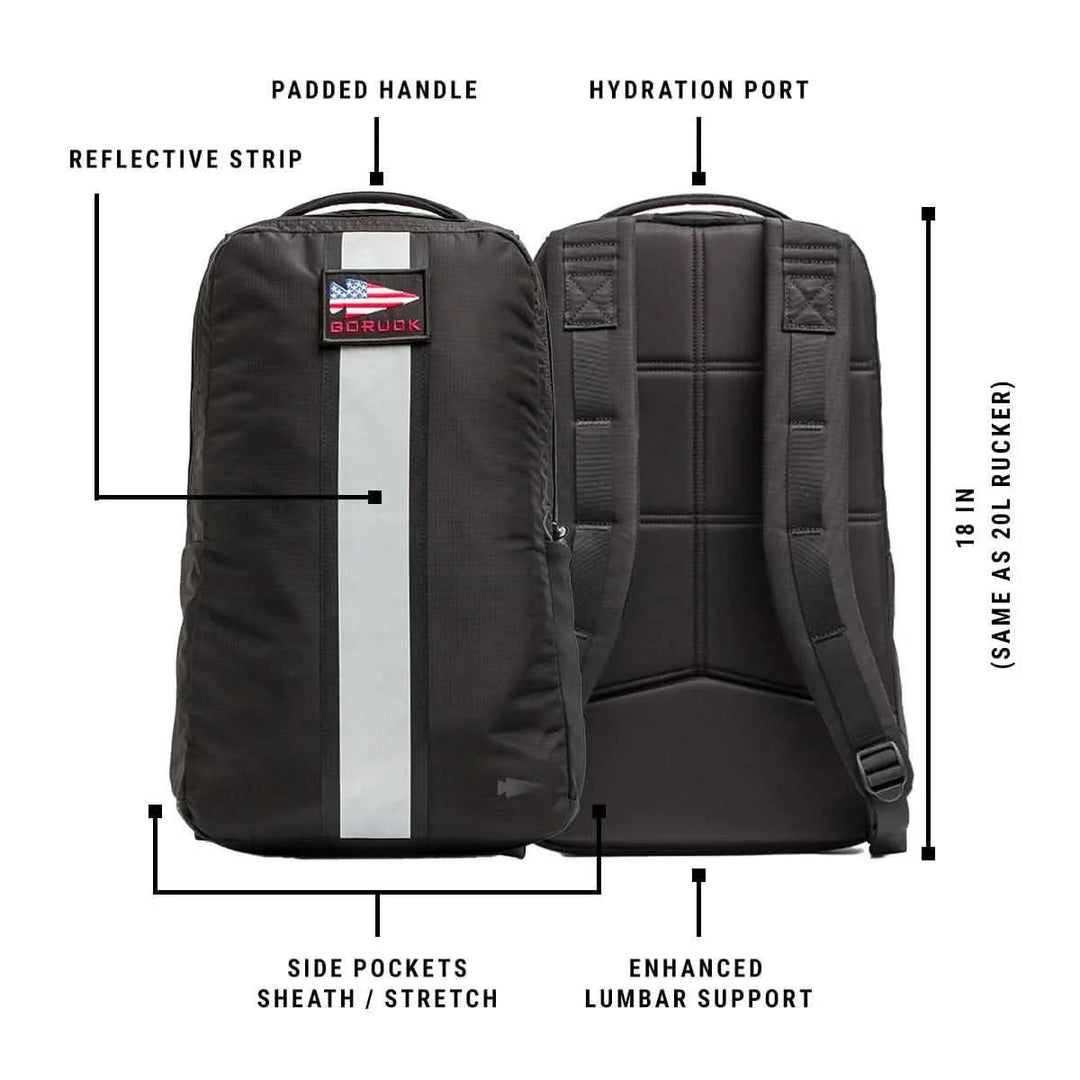 GORUCK black rucksack with reflective strip, padded handle, hydration port, and lumbar support.