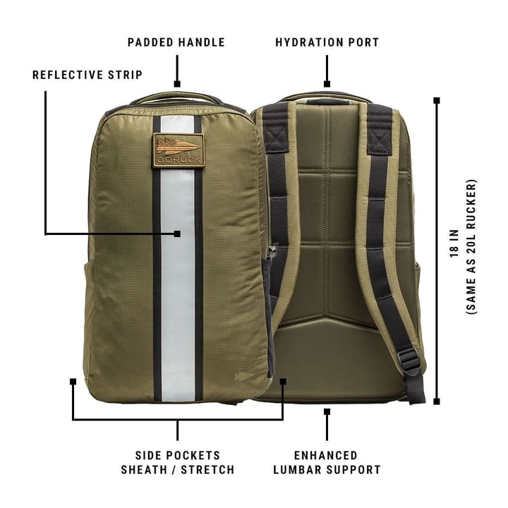 GORUCK rucksack with padded handle, reflective strip, hydration port, side pockets, lumbar support
