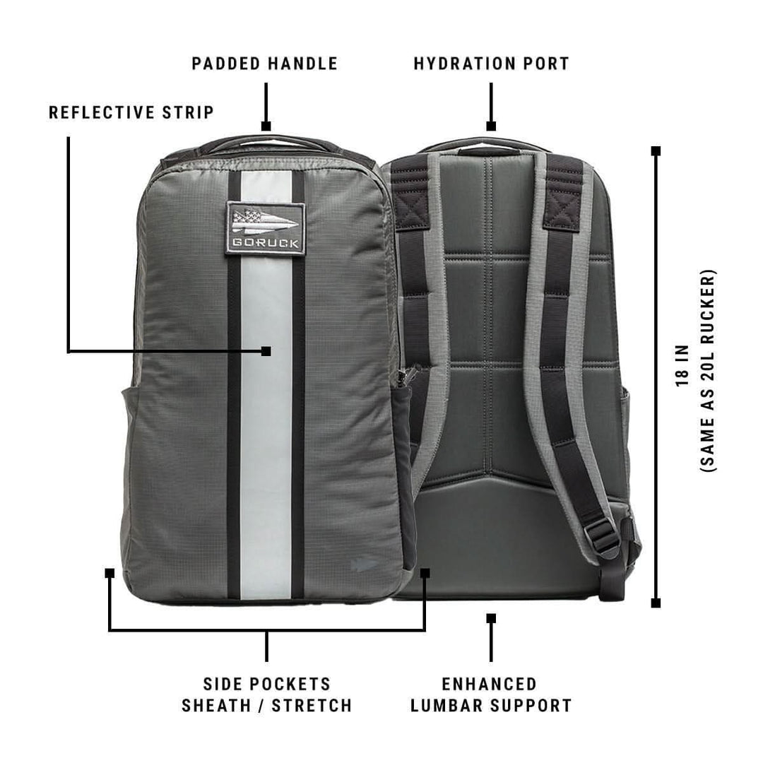 GORUCK Basic Rucker backpack in grey with padded handle, reflective strip, hydration port, side pockets, and lumbar support, front and back views shown.