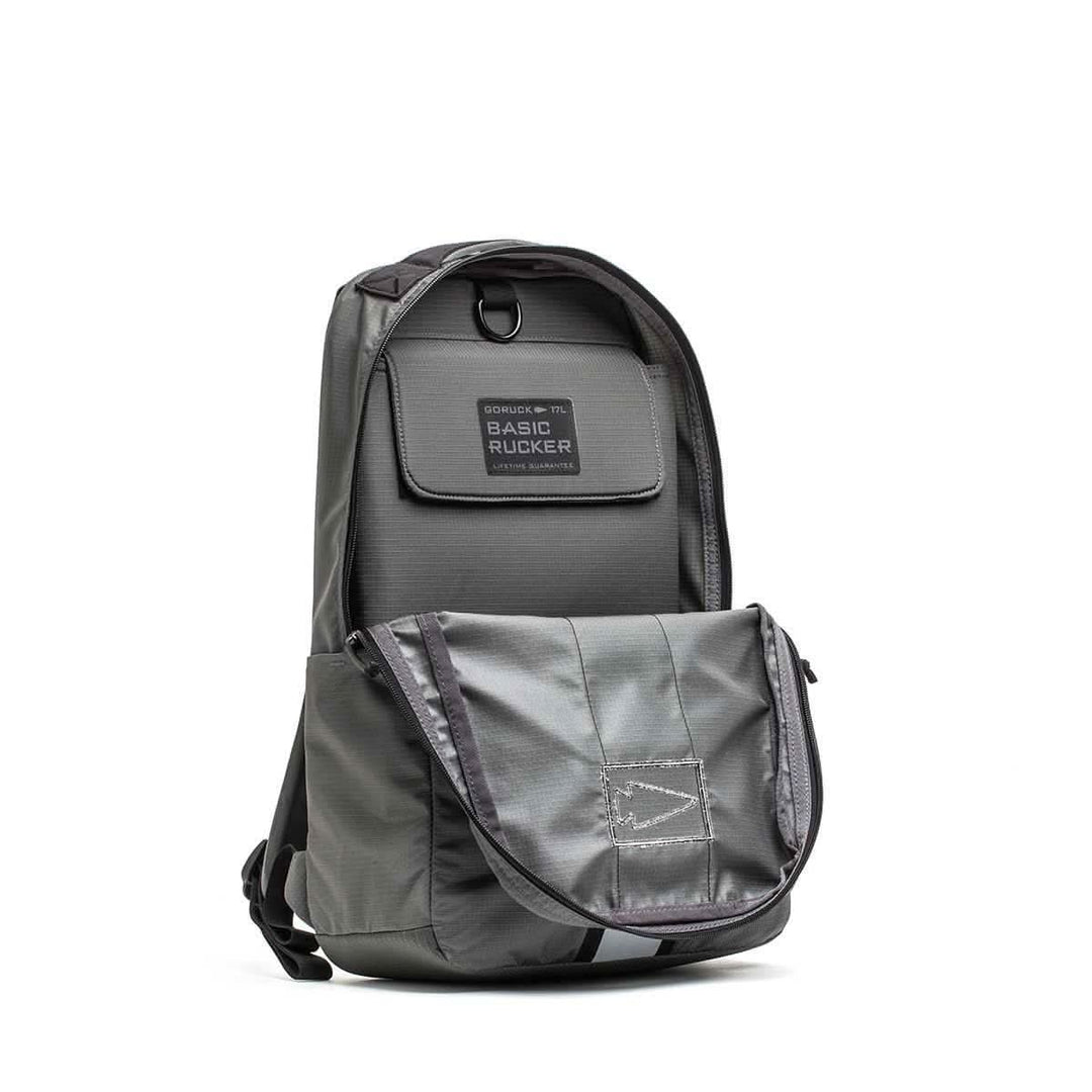GORUCK Basic Rucker 17L in wolf grey, durable rucking backpack with front pocket unzipped