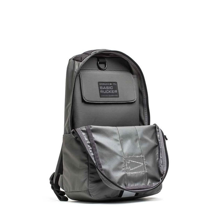 GORUCK Basic Rucker 17L in wolf grey, durable rucking backpack with front pocket unzipped