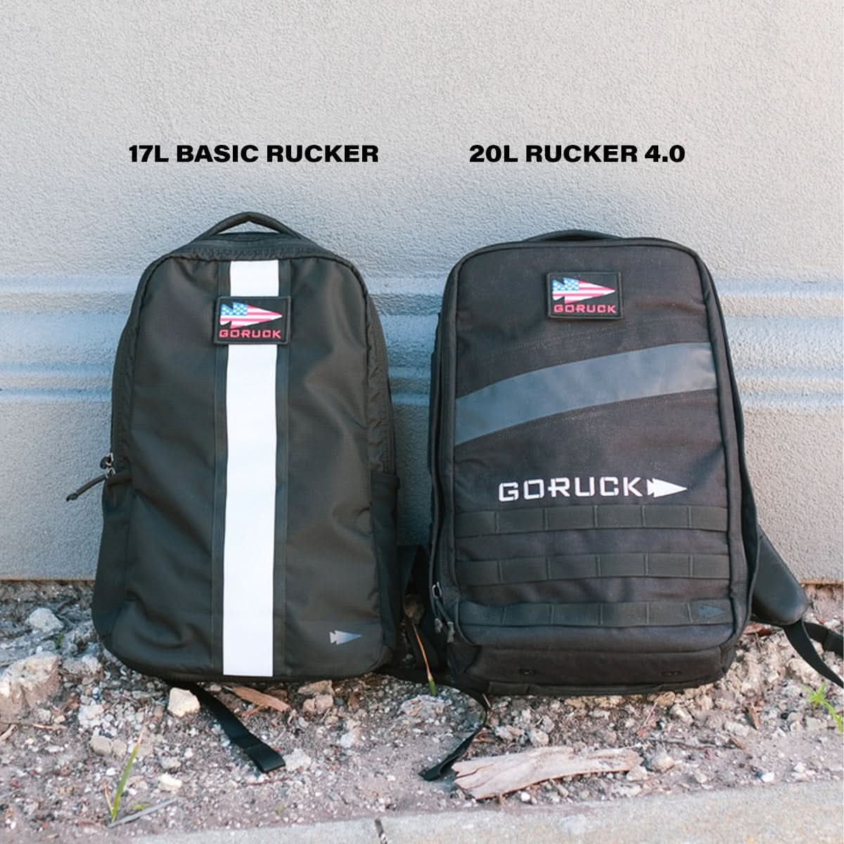 GORUCK 17L Basic Rucker and 20L Rucker 4.0 backpacks side by side outdoors, USA flag patches visible.