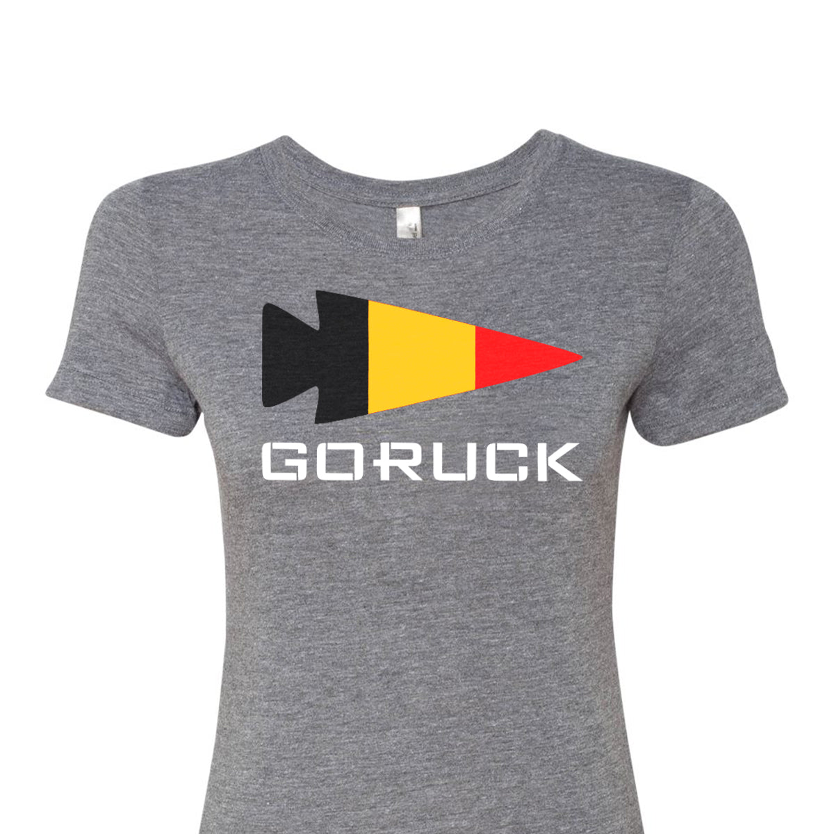 The Women's T-shirt - Rep Your Country by GORUCK EU features a gray design with a stylized spearhead logo in black, yellow, and red above the word 