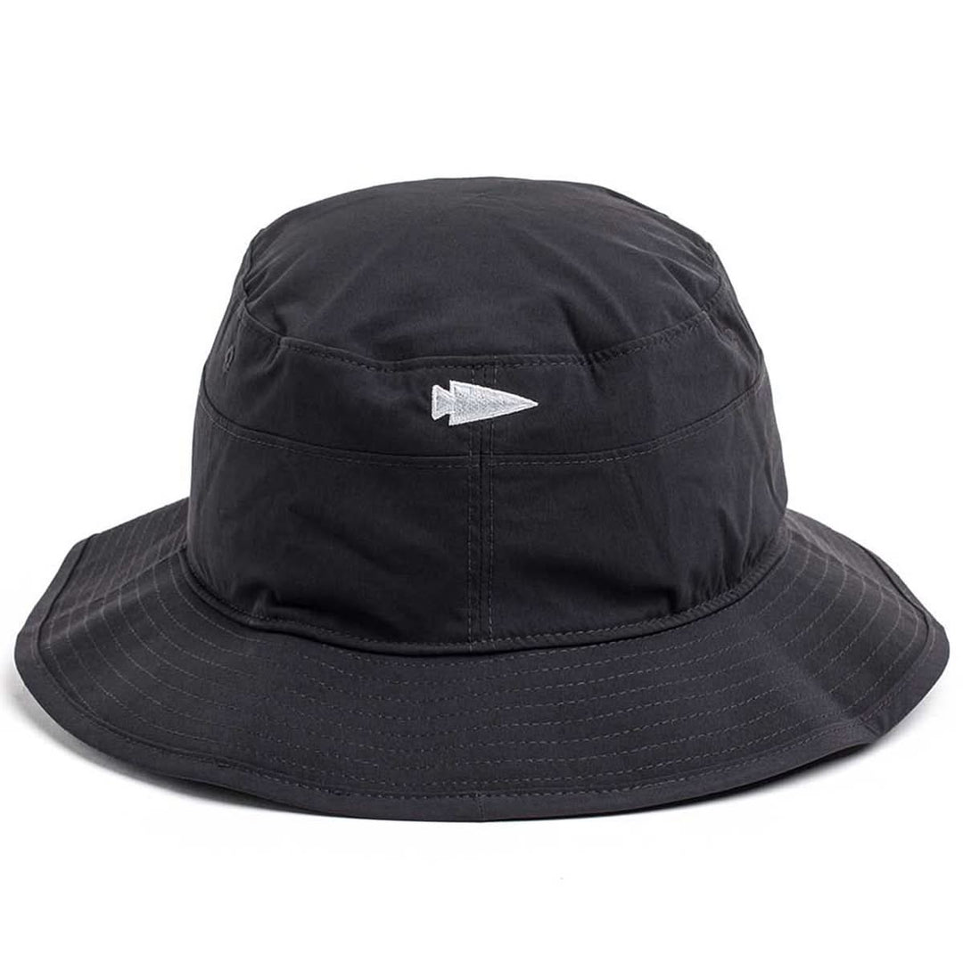 The GORUCK Boonie Hat - Slick - ToughDry is a black bucket hat made with ToughDry® fabric, rated UPF 50+, and features a small white arrowhead logo on the front.