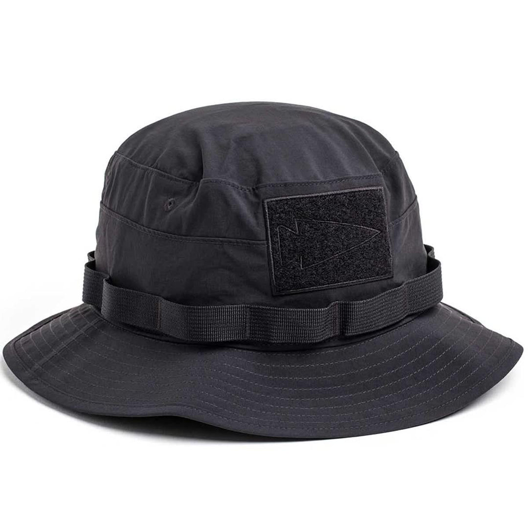 GORUCK black boonie hat with webbing and velcro patch panel, rugged outdoor gear