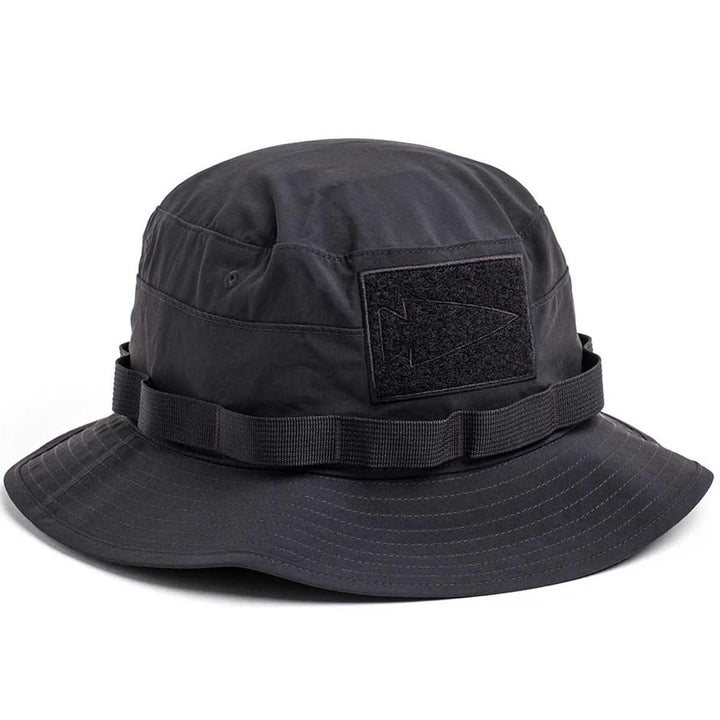 GORUCK black boonie hat with webbing and velcro patch panel, rugged outdoor gear
