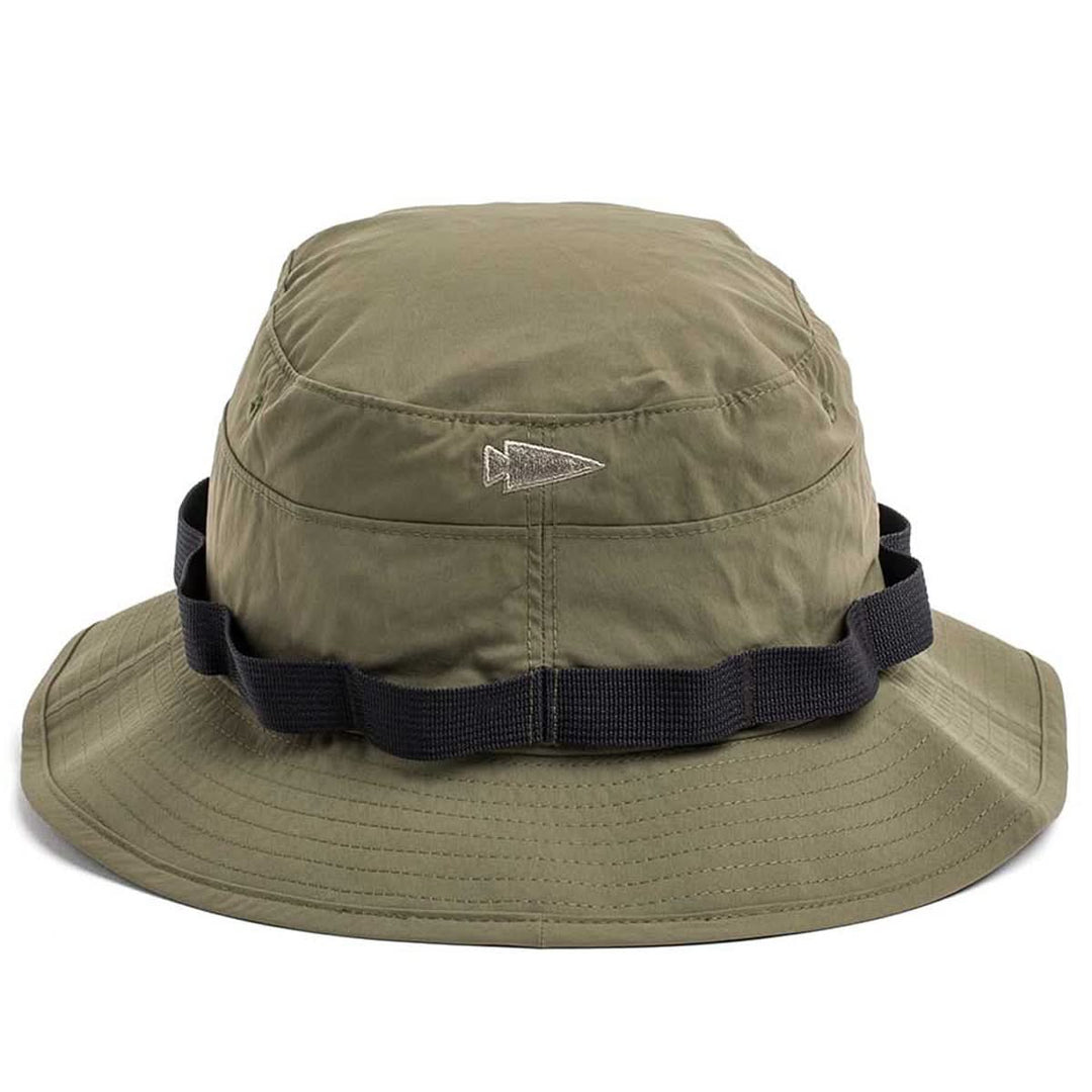 The GORUCK Boonie Hat - Tactical - ToughDry in olive green features a black band, arrowhead logo on the front, and is made from durable ToughDry fabric.