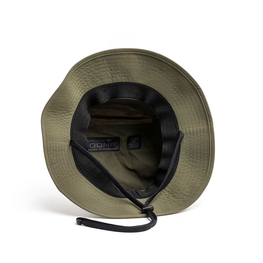 The GORUCK Boonie Hat - Tactical - ToughDry in olive green features a black inner lining and an adjustable chin strap, shown from above.
