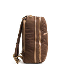 GORUCK brown Cordura backpack with two compartments and coyote accent zippers, side view