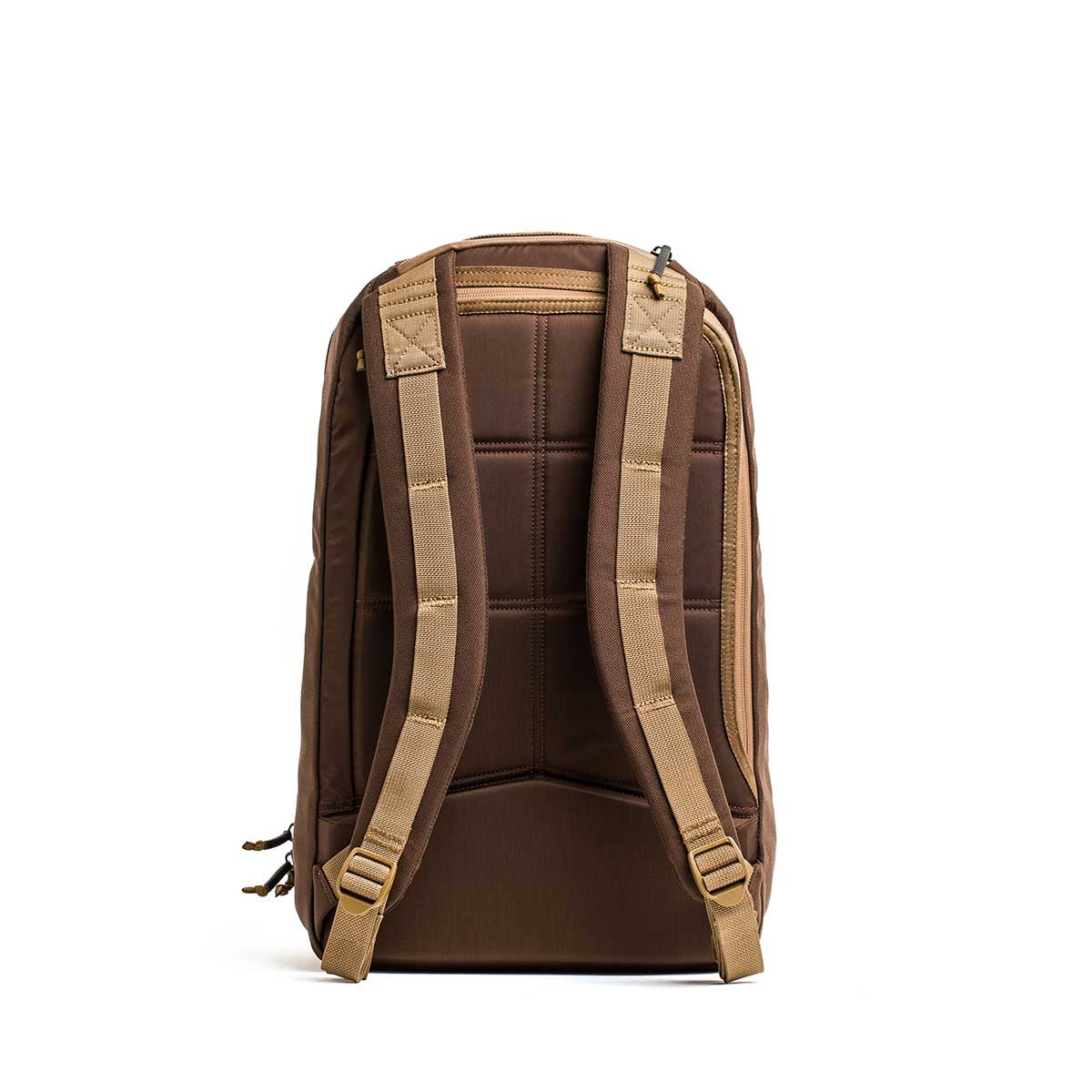 GORUCK brown and coyote two-compartment Cordura backpack, rear padded straps view