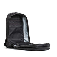 GORUCK Bullet 16L black rucksack open, showing two compartments and laptop sleeve