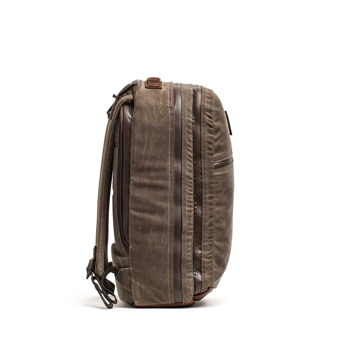 GORUCK Heritage Dark Oak backpack side view with dual zippers and stash pocket