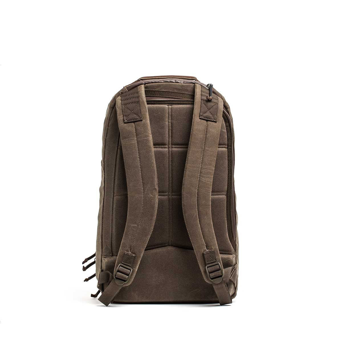 GORUCK Bullet 18L rucksack in heritage dark oak, padded straps, back view