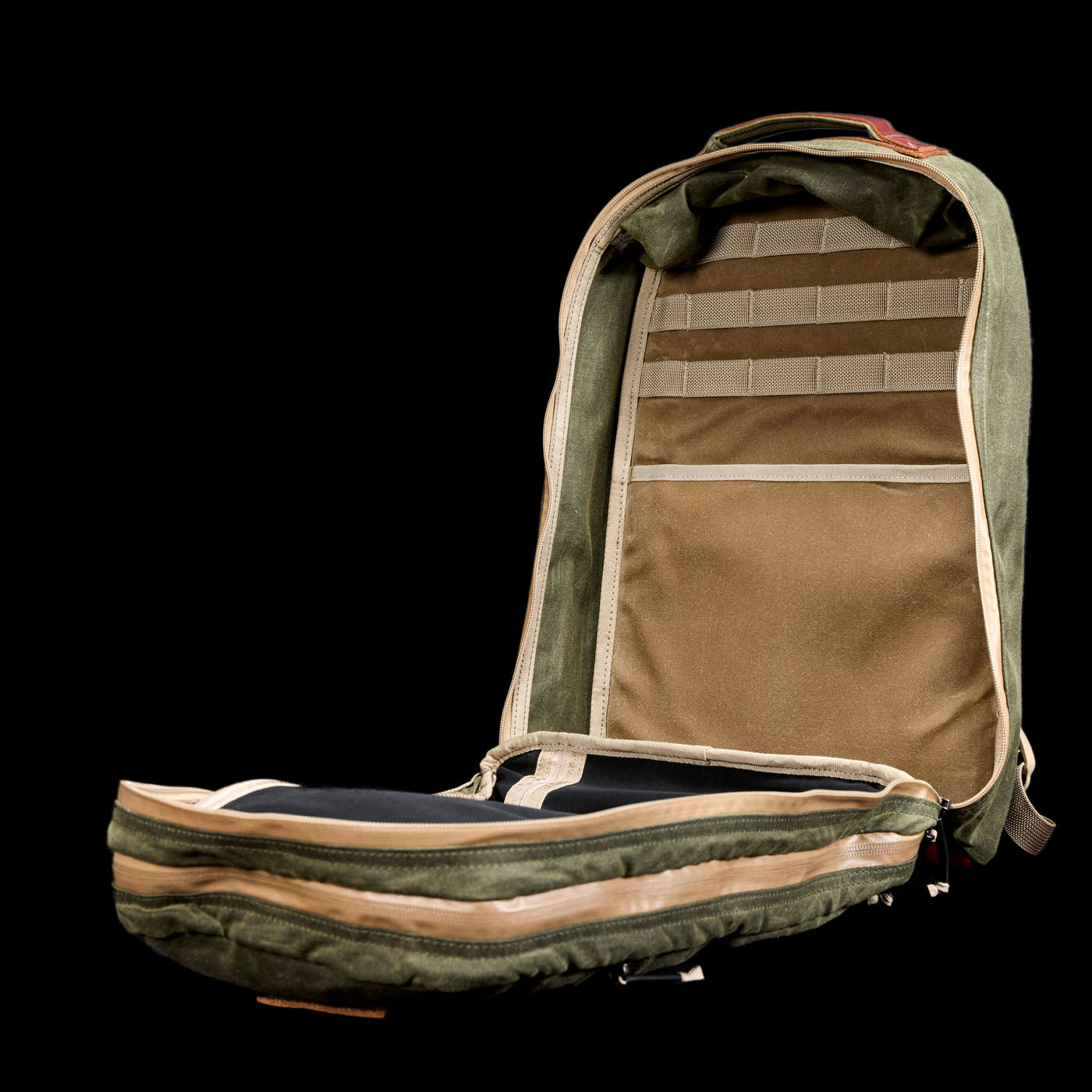 A green backpack with a black background.