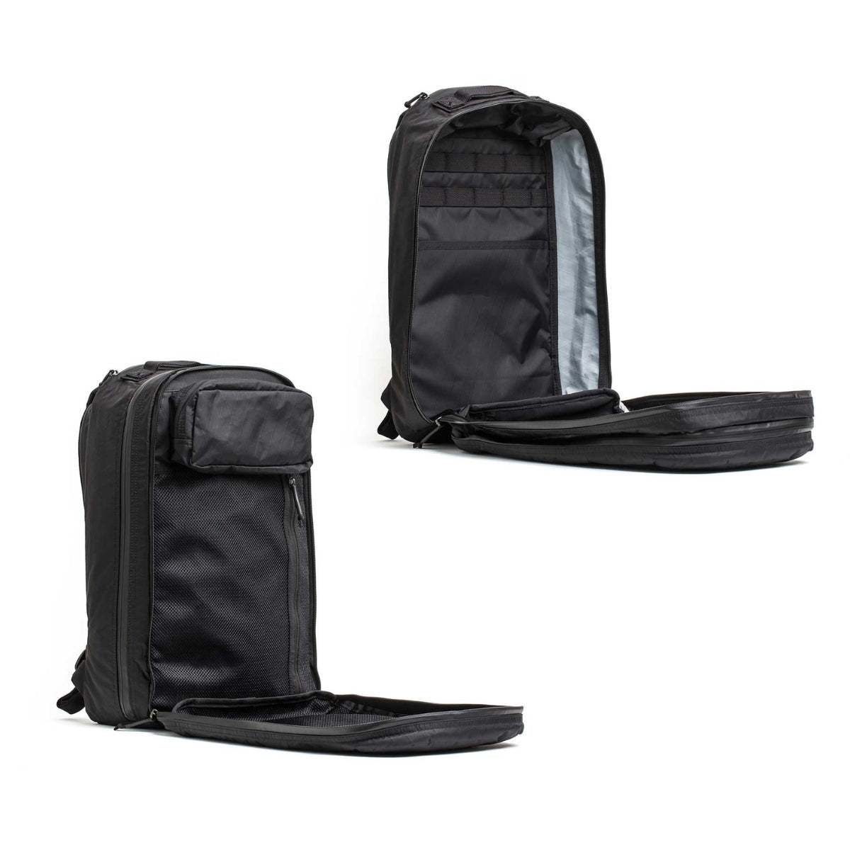 Two black backpacks shown open, displaying spacious interiors and multiple compartments against a white background.