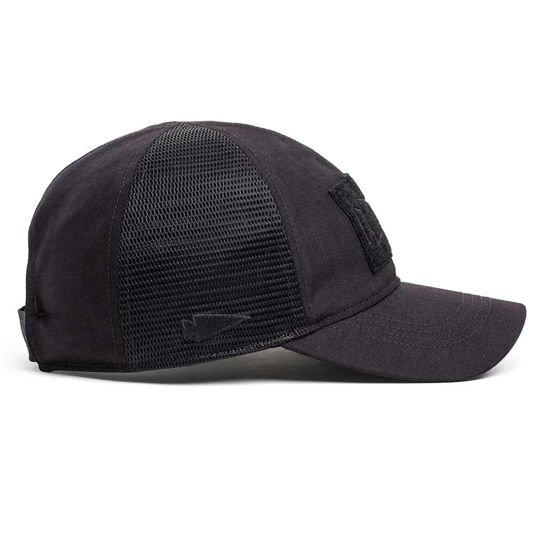 The GORUCK Cadre Hat - CORDURA® is a black baseball cap with a mesh back panel, made from durable 500D CORDURA®, shown in a side view against a white background.