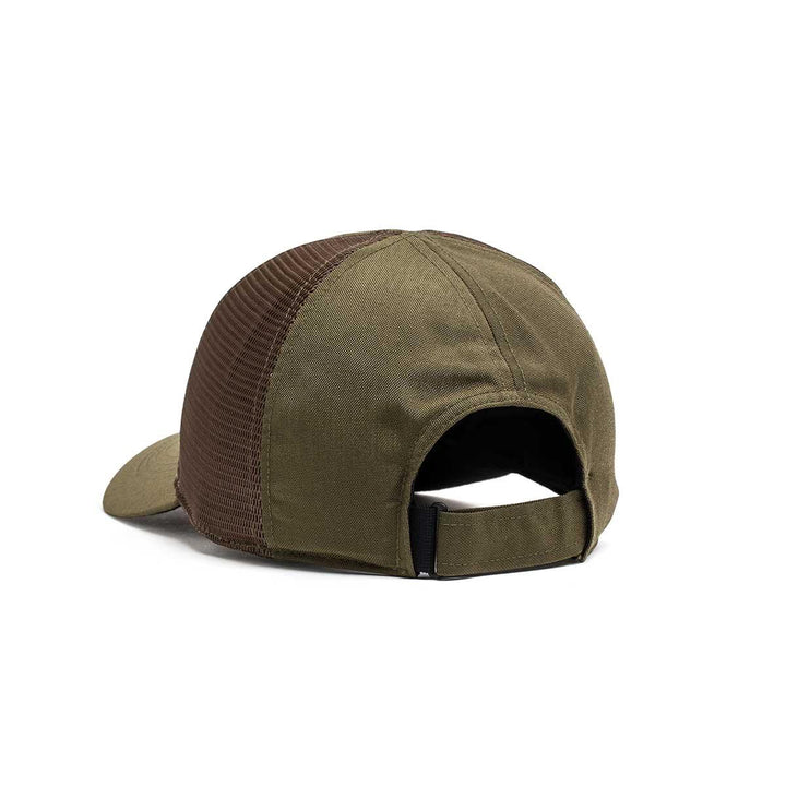 The GORUCK Cadre Hat - CORDURA®, shown in olive green and brown from the back, features an adjustable strap and military-grade mesh for enhanced durability.