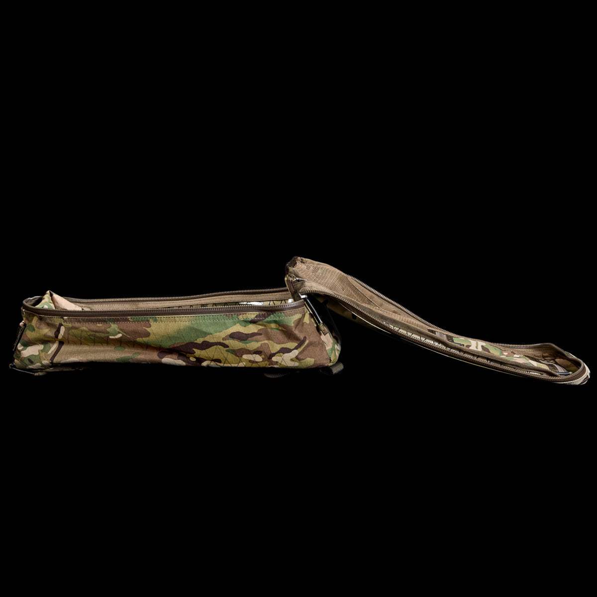 A camouflage zippered pouch with an open flap, displayed on a black background.