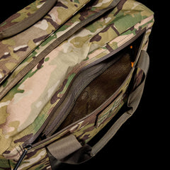 GORUCK X-Pac Multicam 32L kit bag with zippered mesh pocket, camo gear close-up