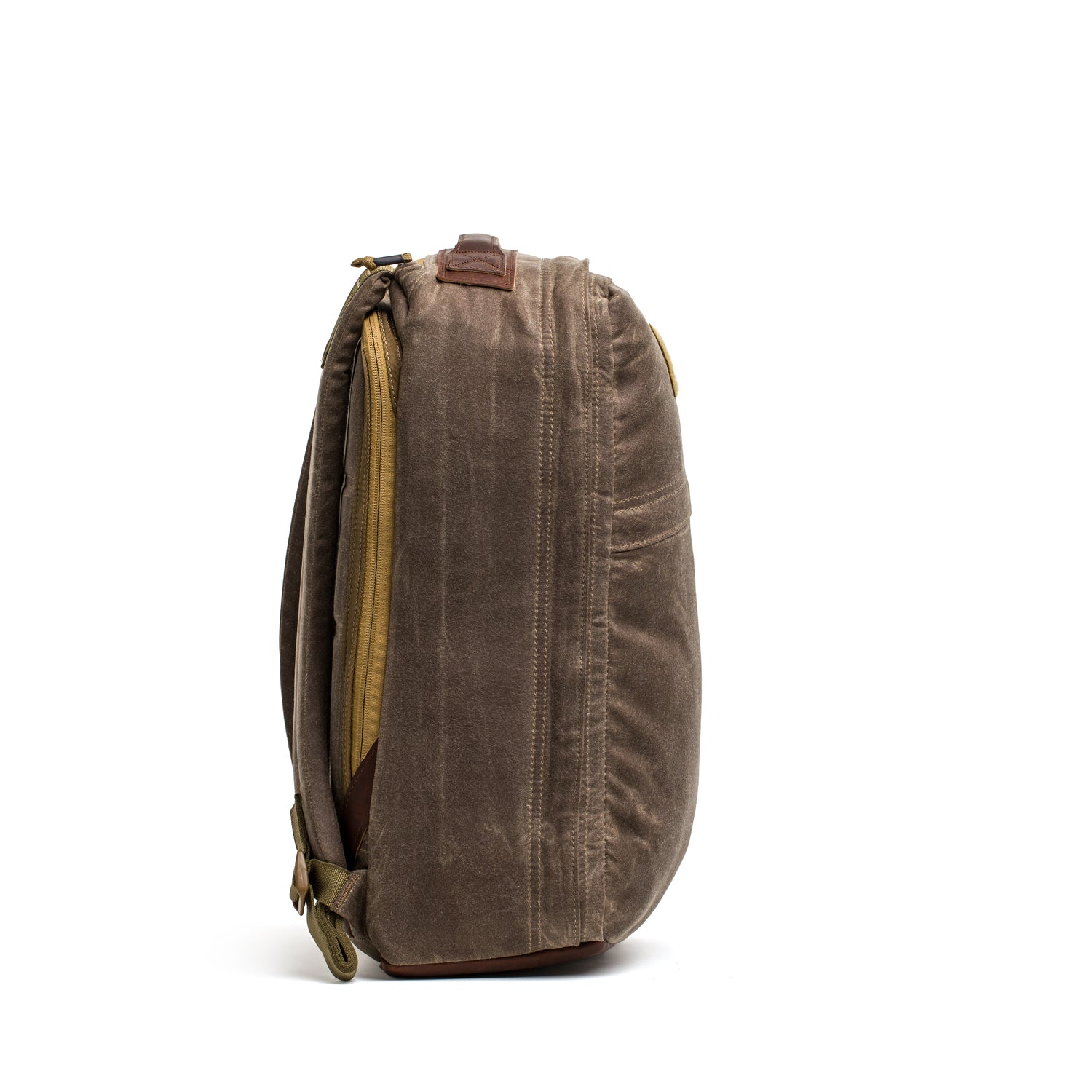 GORUCK GR1 21L Dark Oak rucksack side view, rugged canvas backpack on white background