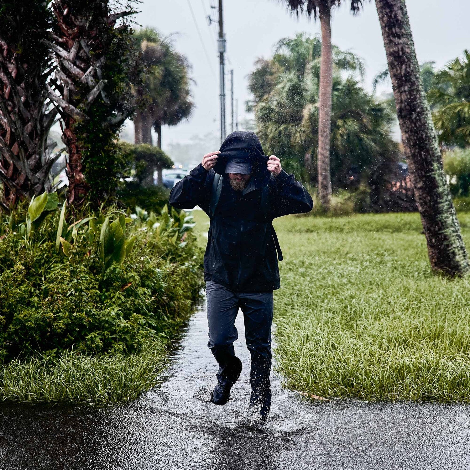 A person in dark rain gear walks through a puddle on a rainy day with palm trees in the background.