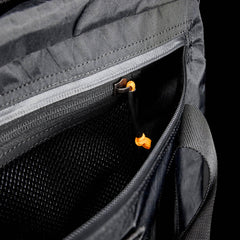 GORUCK XPAC Black 32L Kit Bag showing durable zippered pocket and mesh interior.