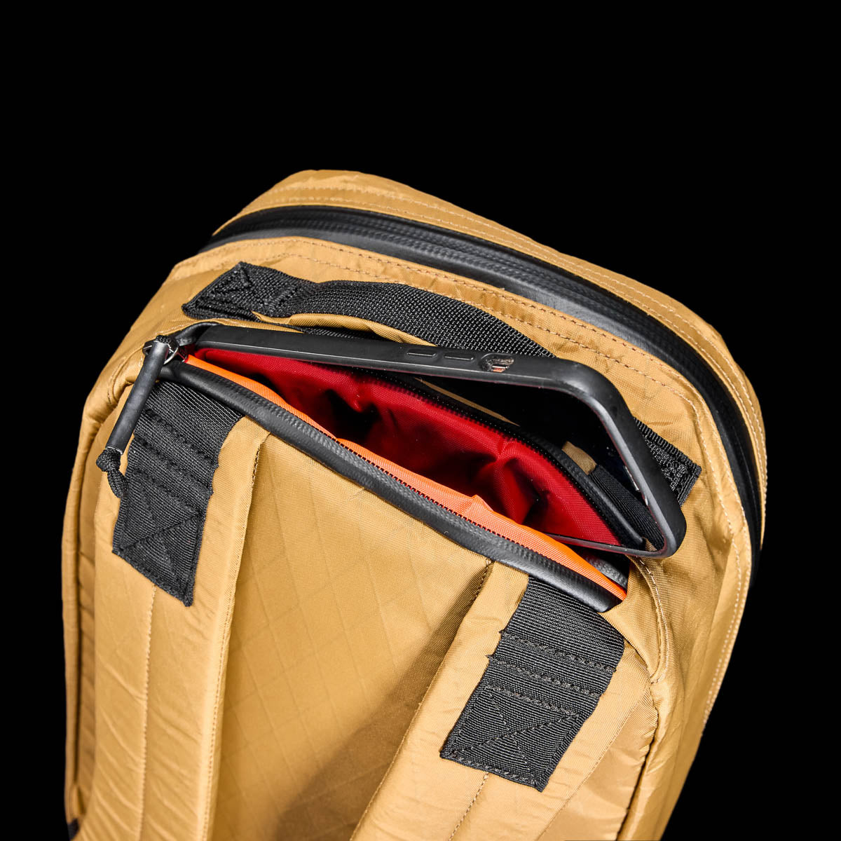 GORUCK Bullet Ruck 15L X-Pac Coyote backpack laptop pocket with red interior detail