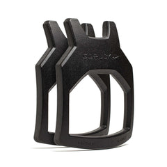 Two black Curved Ruck Plates from GORUCK EU are shown upright against a white background—ideal for swapping out weight plates in your vest during intense workouts.