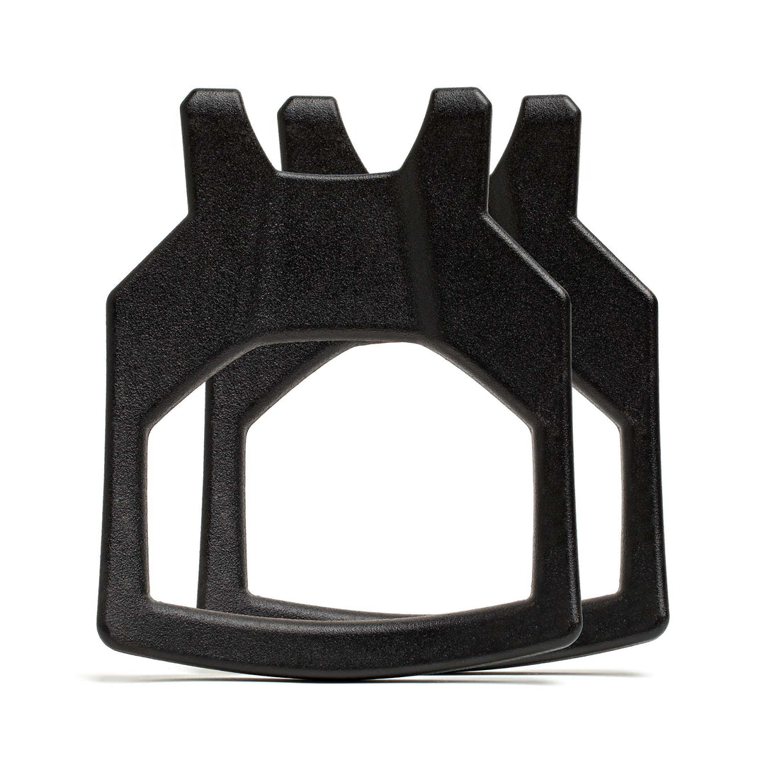 Two Curved Ruck Plates from GORUCK EU, overlapping on a white background—designed for securing straps on weight vests or rucking weight vests.