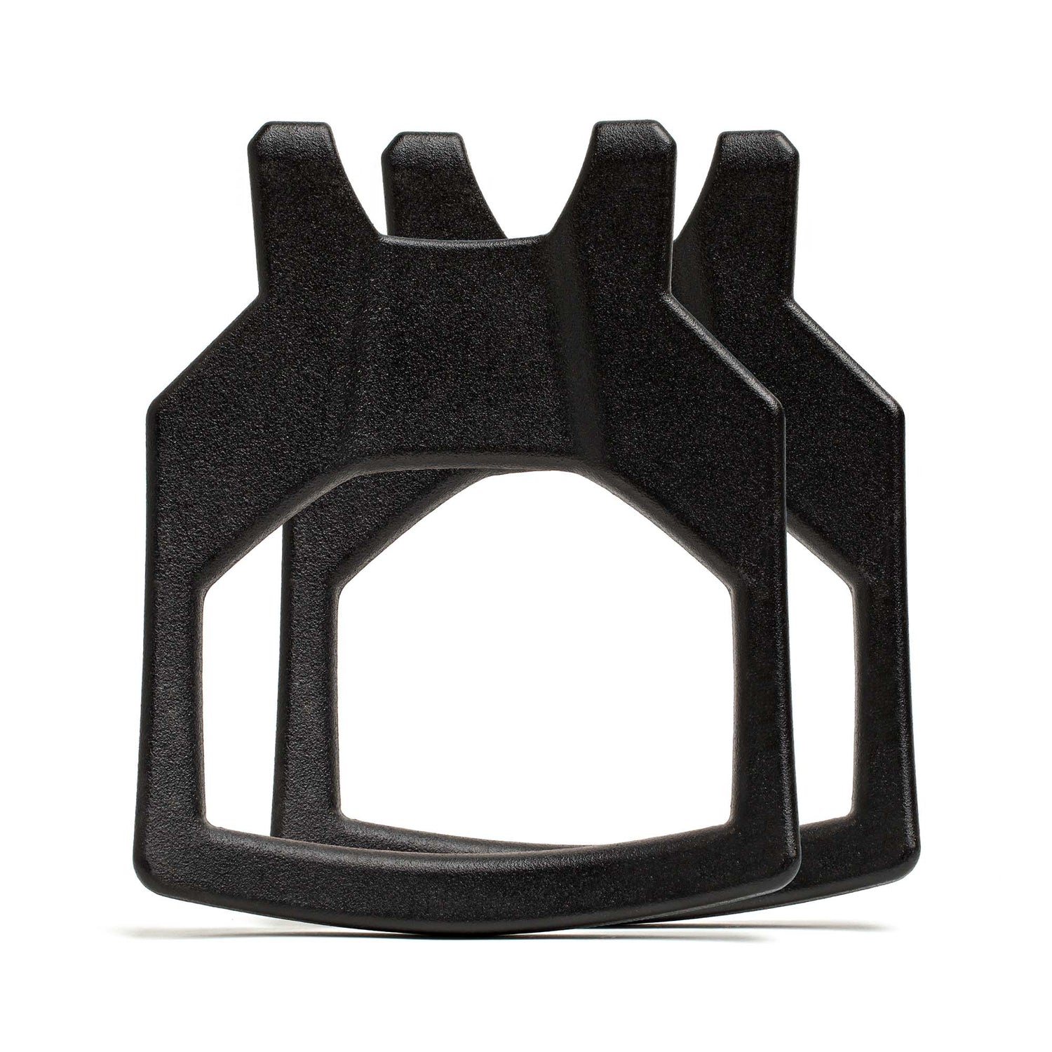 Two Curved Ruck Plates from GORUCK EU, overlapping on a white background—designed for securing straps on weight vests or rucking weight vests.