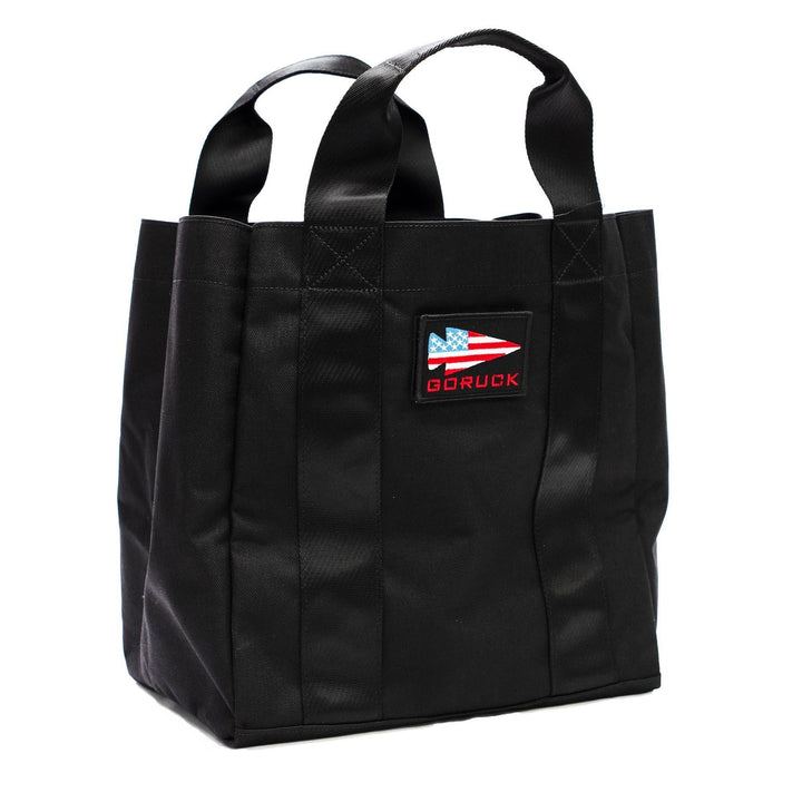 GORUCK black tactical tote bag with American flag logo patch, durable rucking gear