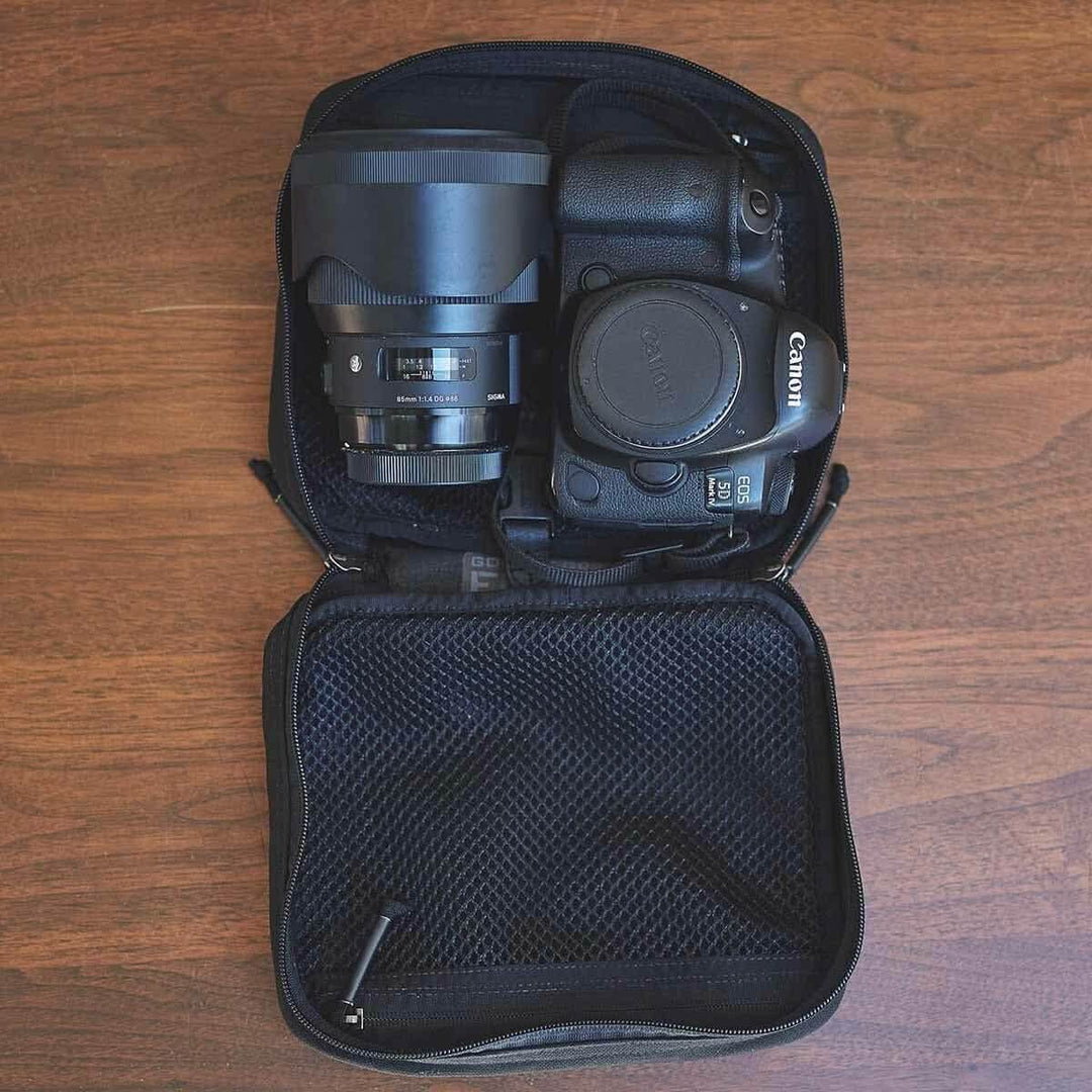 A Canon camera with a lens, stored in a black GORUCK GR2 Field Pocket, sits on a wooden surface.