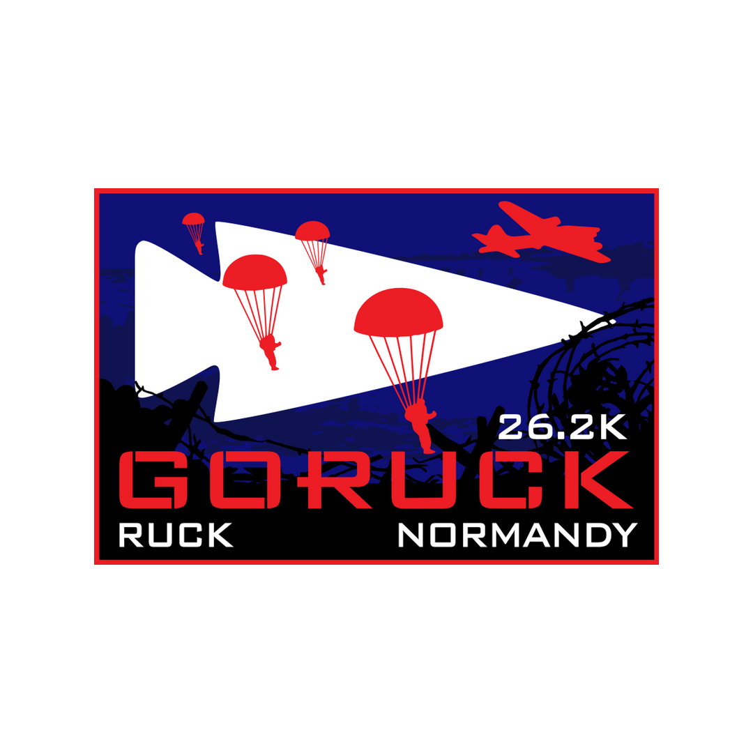 Red parachuters, a plane, and "GORUCK 26.2K RUCK NORMANDY" text on a blue and white background honor the 82nd Airborne Division’s D-Day legacy for the Normandy Event Weekend.