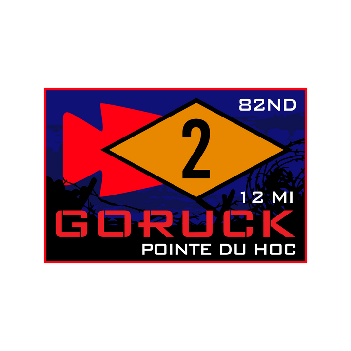 Celebrate the Normandy Event Weekend with this GORUCK 12 MI Pointe du Hoc patch, featuring the 82nd Airborne Division, red arrow, and barbed wire design—honoring D-Day's enduring spirit.