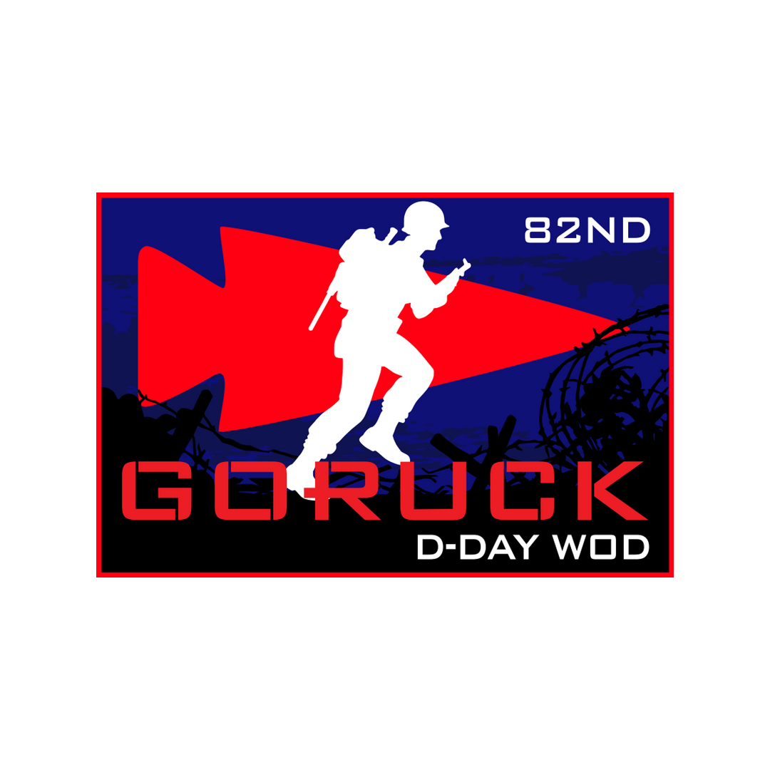 A patch for the Normandy Event Weekend features a soldier silhouette, red arrow, "GORUCK 82ND D-DAY WOD," barbed wire, and honors the 82nd Airborne Division’s role at D-Day Normandy.