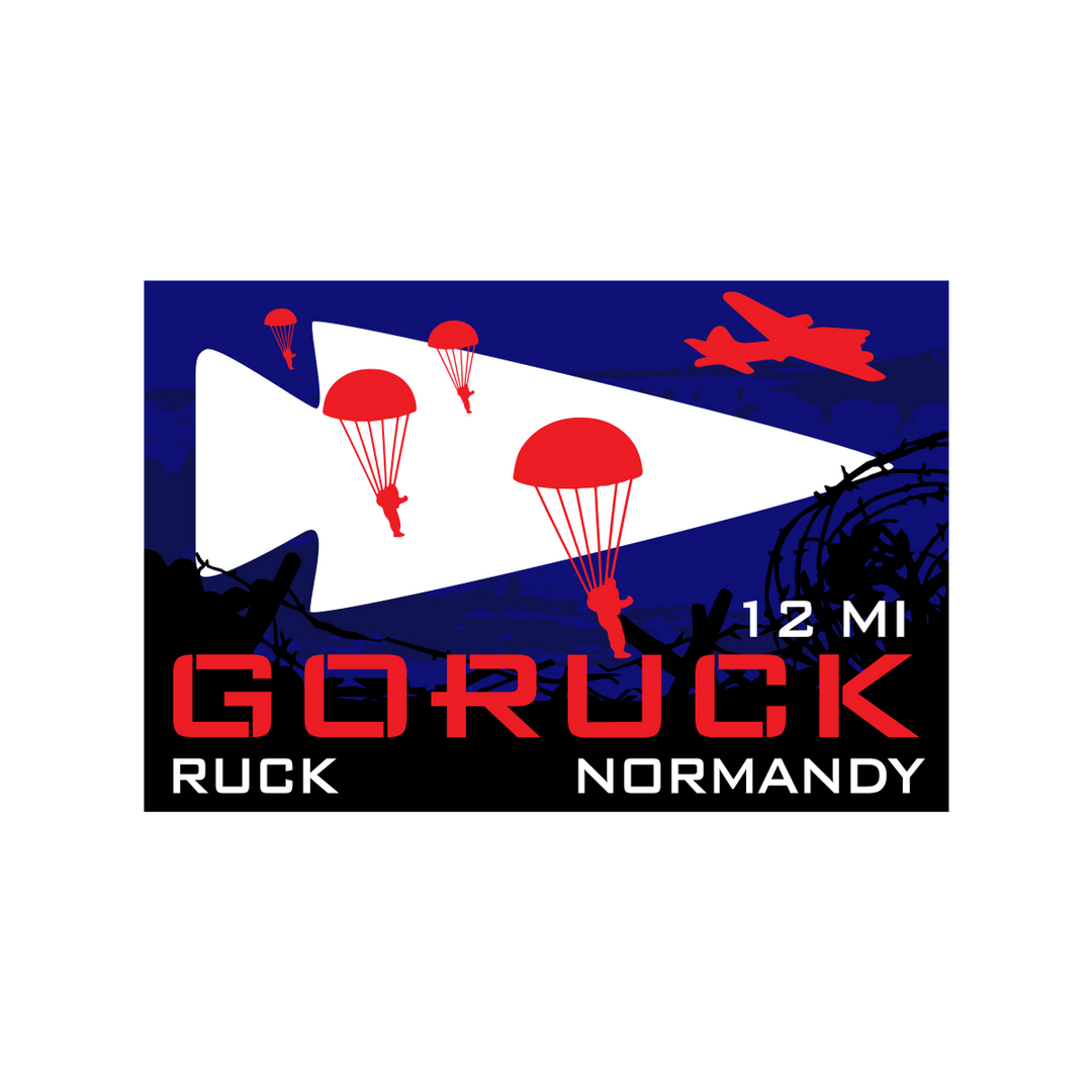 A patch from the Normandy Event Weekend features parachutes, a plane, and "GORUCK 12 MI RUCK NORMANDY," honoring the 82nd Airborne on D-Day.
