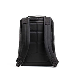 GORUCK black rucksack backpack, padded straps, rugged design, shown from back, white background