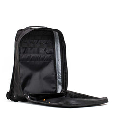 GORUCK black rucksack open to show spacious interior with multiple storage pockets