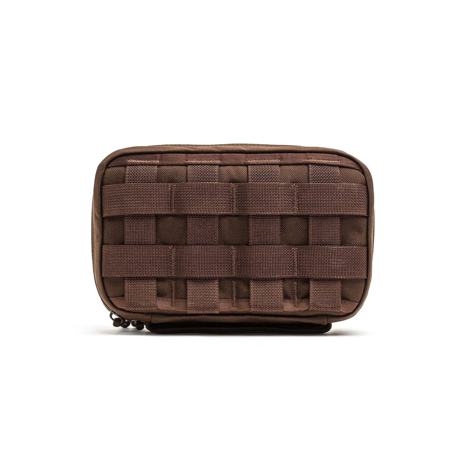 The GR1 Field Pocket is a small brown tactical pouch with front webbing, ideal for organizing electronics or attaching to gear and bags.