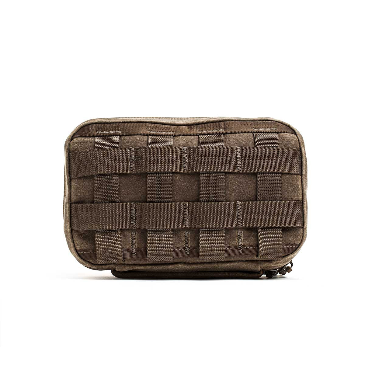 GORUCK GR1 Field Pocket Heritage in dark oak, rugged brown tactical pouch with MOLLE webbing front.