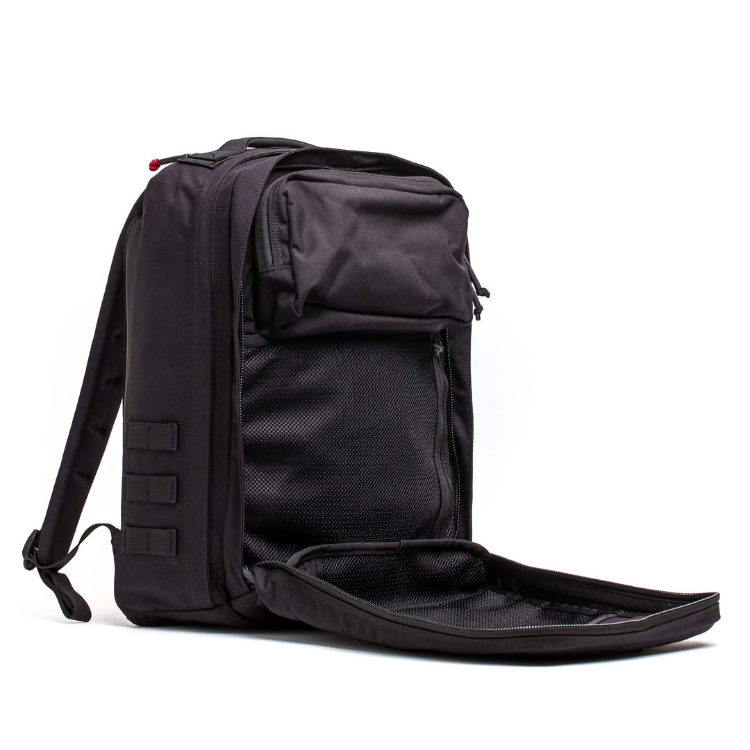 The GORUCK GR2 features a zippered front panel that opens to reveal mesh inner pockets and organized compartments—ideal as a Special Forces backpack or as a carry-on travel bag.