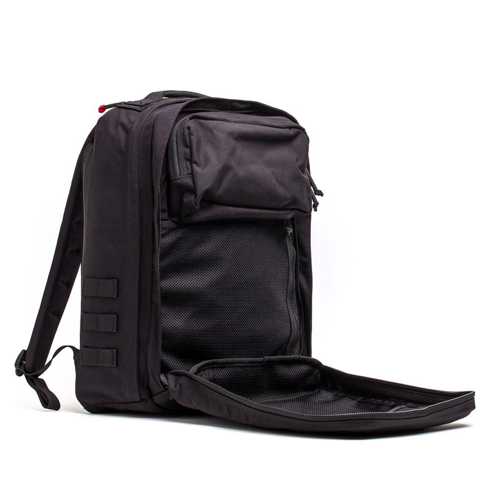 The GORUCK GR2 features a zippered front panel that opens to reveal mesh inner pockets and organized compartments—ideal as a Special Forces backpack or as a carry-on travel bag.