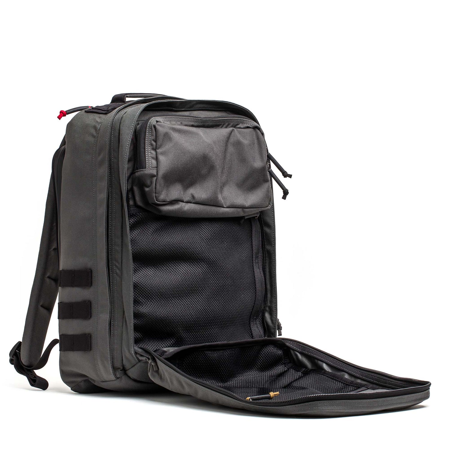 GORUCK GR2 26L rucksack in armor grey with black accents, open to show interior pockets