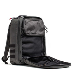 GORUCK GR2 26L rucksack in armor grey with black accents, open to show interior pockets