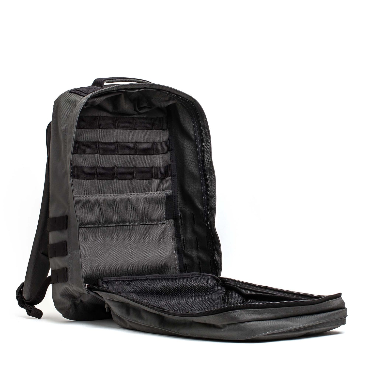GORUCK 26L Armor Grey Black rucksack backpack open, showing durable interior compartments and MOLLE webbing